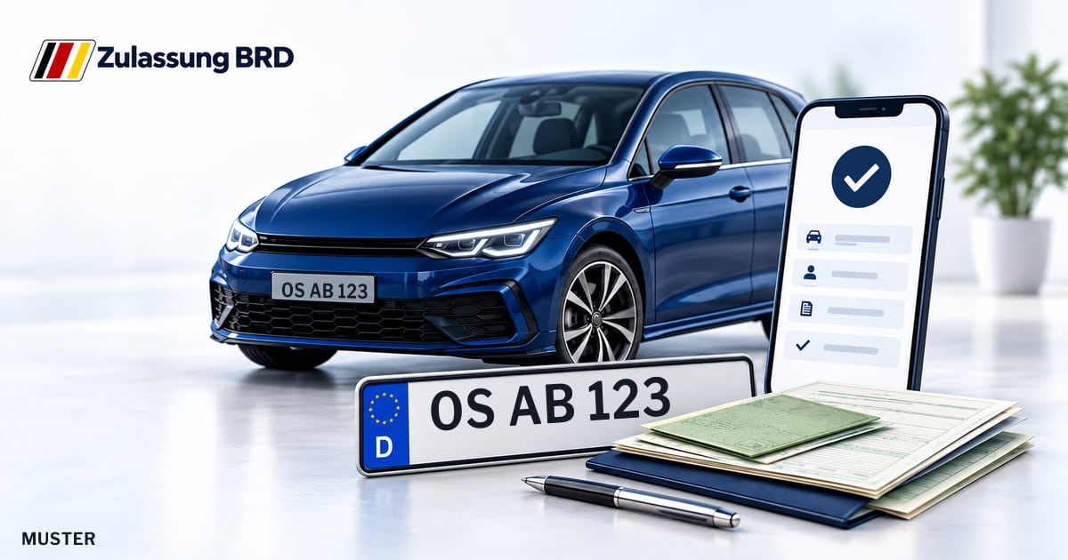 Online Fahrzeugzulassung in Bramsche: Musterkennzeichen OS AB 123, Auto und Fahrzeugpapiere und Smartphone. Illustration mit Logo von Zulassung BRD.